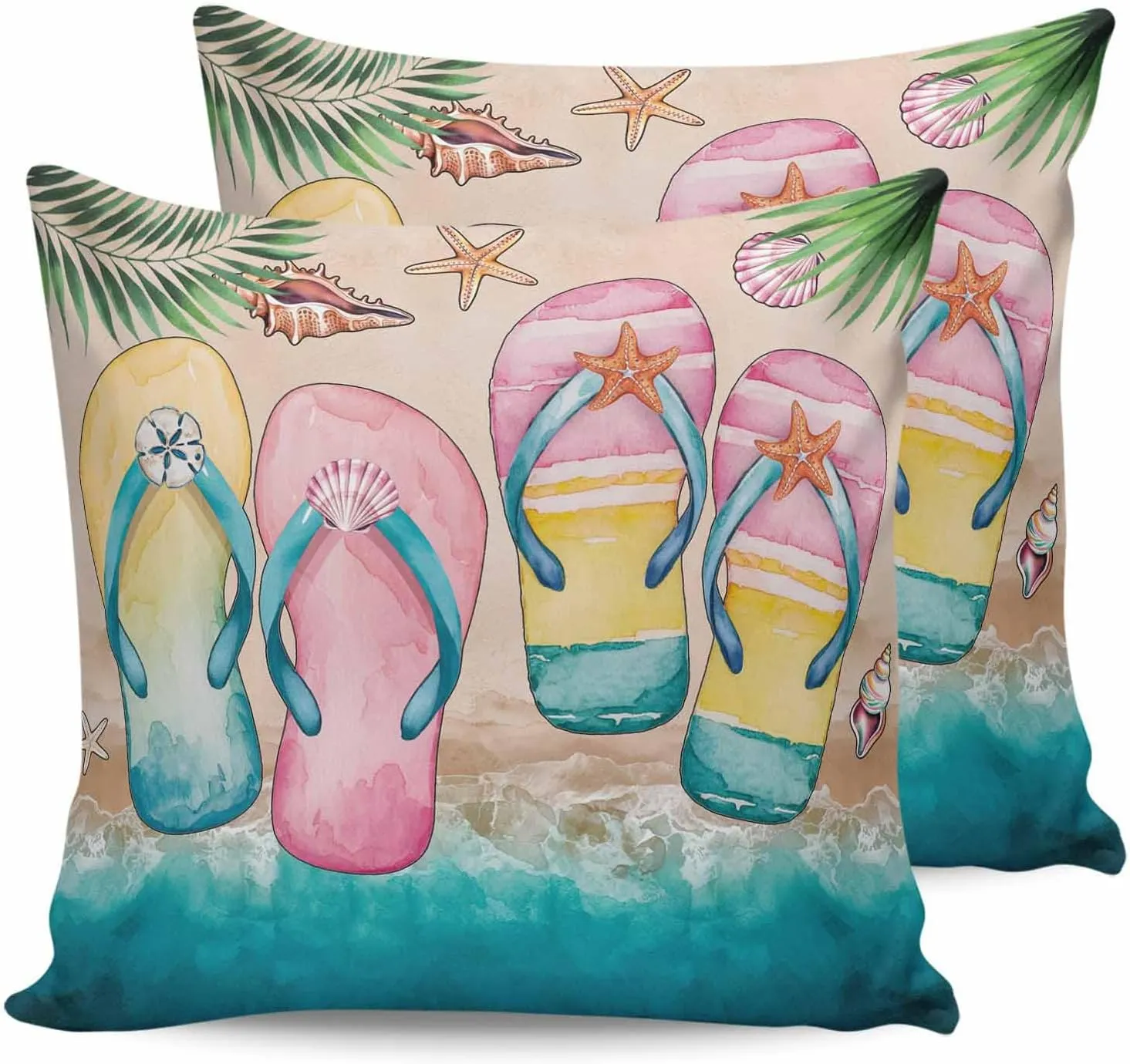 Summer Outdoor Waterproof Pillow Covers Pack of 2, Pink Yellow Green Slippers Beach Shells Palm Leaf Decorative Throw Pillowcases Polyester Cushion Covers for Garden Patio Tent Sofa Couch, 16x16 inch