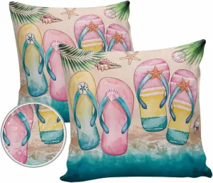 Summer Outdoor Waterproof Pillow Covers Pack of 2, Pink Yellow Green Slippers Beach Shells Palm Leaf Decorative Throw Pillowcases Polyester Cushion Covers for Garden Patio Tent Sofa Couch, 16x16 inch