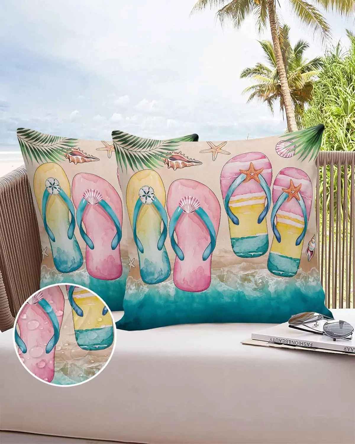 Summer Outdoor Waterproof Pillow Covers Pack of 2, Pink Yellow Green Slippers Beach Shells Palm Leaf Decorative Throw Pillowcases Polyester Cushion Covers for Garden Patio Tent Sofa Couch, 16x16 inch