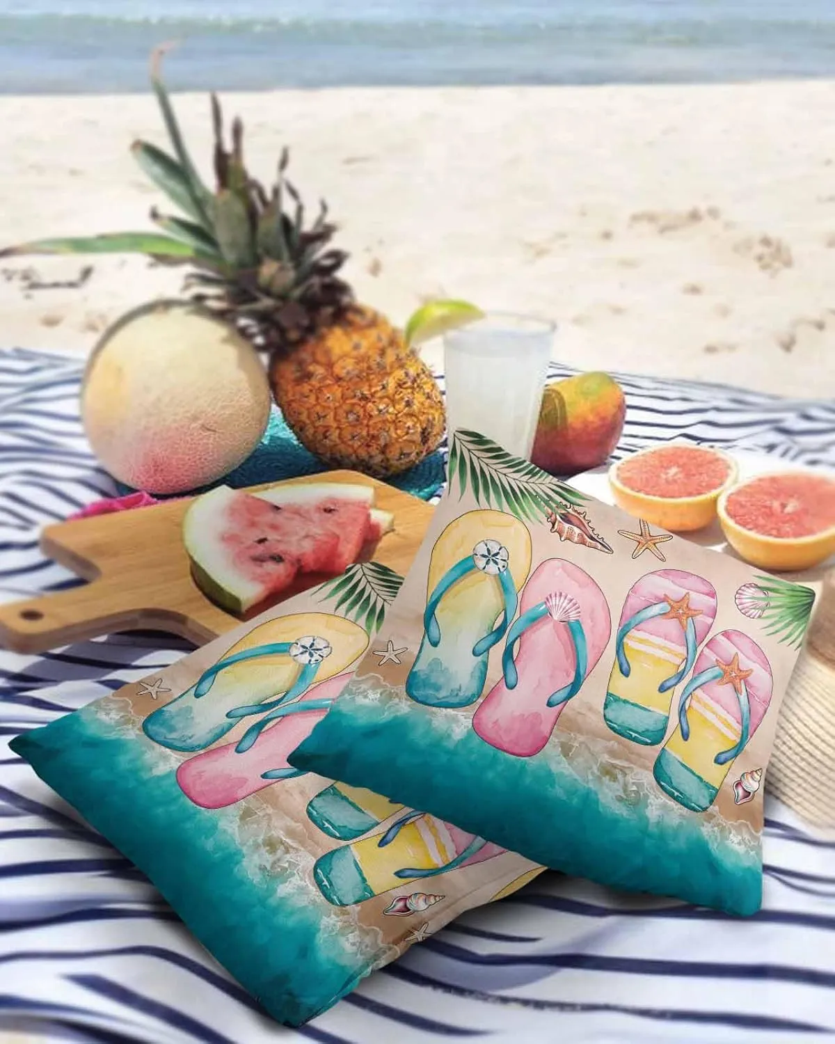 Summer Outdoor Waterproof Pillow Covers Pack of 2, Pink Yellow Green Slippers Beach Shells Palm Leaf Decorative Throw Pillowcases Polyester Cushion Covers for Garden Patio Tent Sofa Couch, 16x16 inch