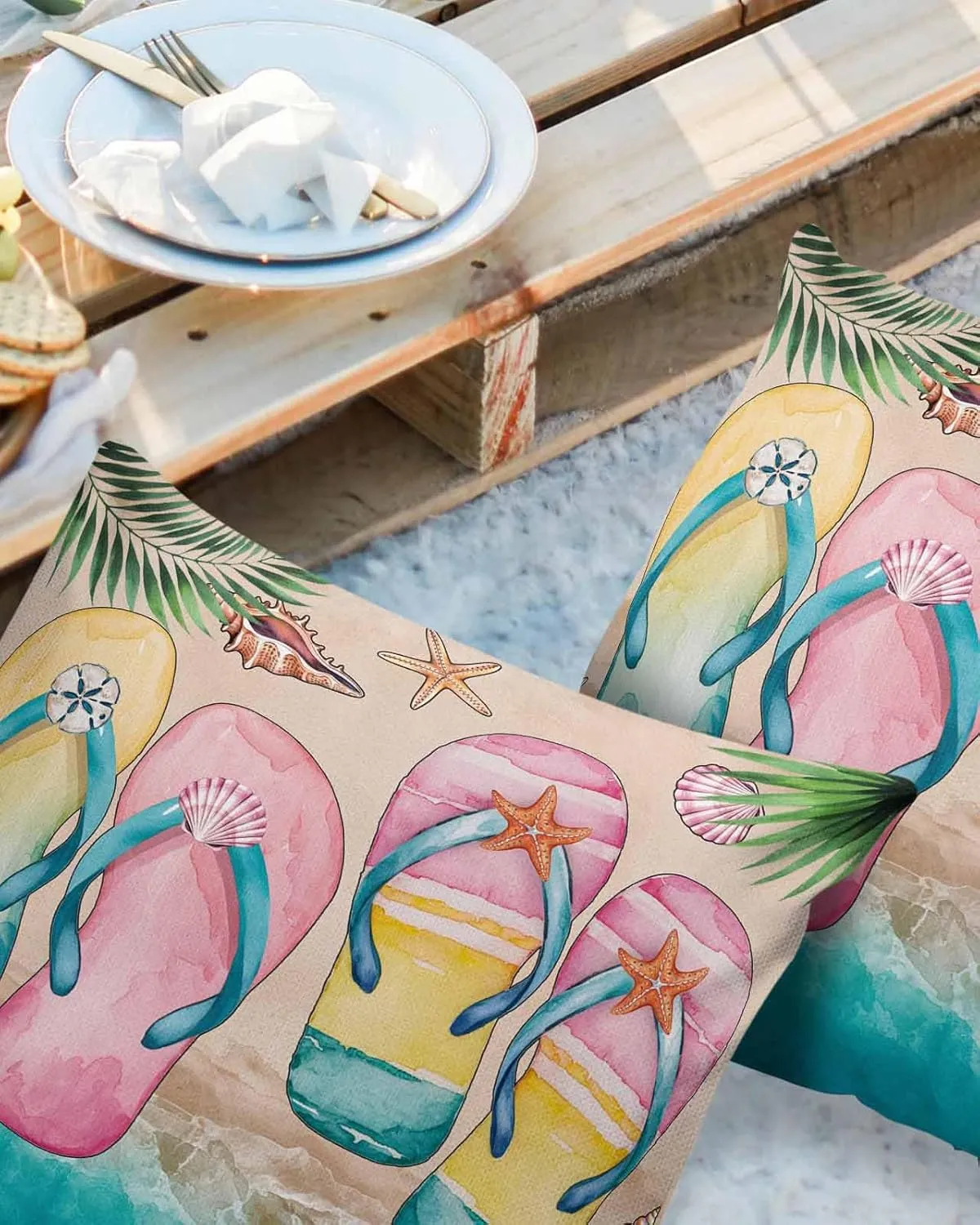Summer Outdoor Waterproof Pillow Covers Pack of 2, Pink Yellow Green Slippers Beach Shells Palm Leaf Decorative Throw Pillowcases Polyester Cushion Covers for Garden Patio Tent Sofa Couch, 16x16 inch