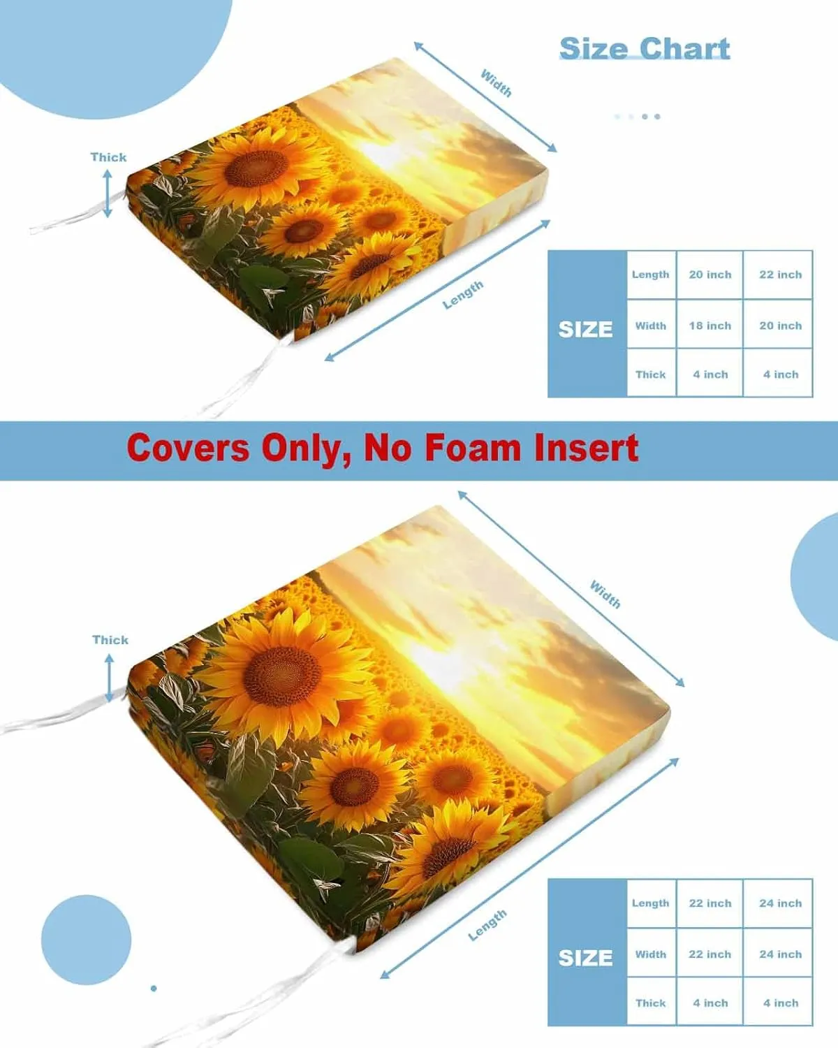 Summer Sunflowers Outdoor Cushion Chair Cover Set of 2 - Waterproof Couch Seat Covers, Farmhouse Botanical Floral Sunset Patio Furniture Protector Cushions Slipcovers for Sofa/RV, 22"x20"x4"
