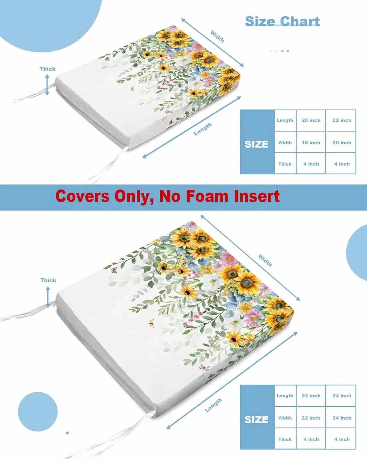 Sunflower Outdoor Cushion Chair Cover Set of 2 - Waterproof Couch Seat Covers, Yellow Green Summer Botanical Watercolor Patio Furniture Protector Cushions Slipcovers for Sofa/RV, 22"x22"x4"