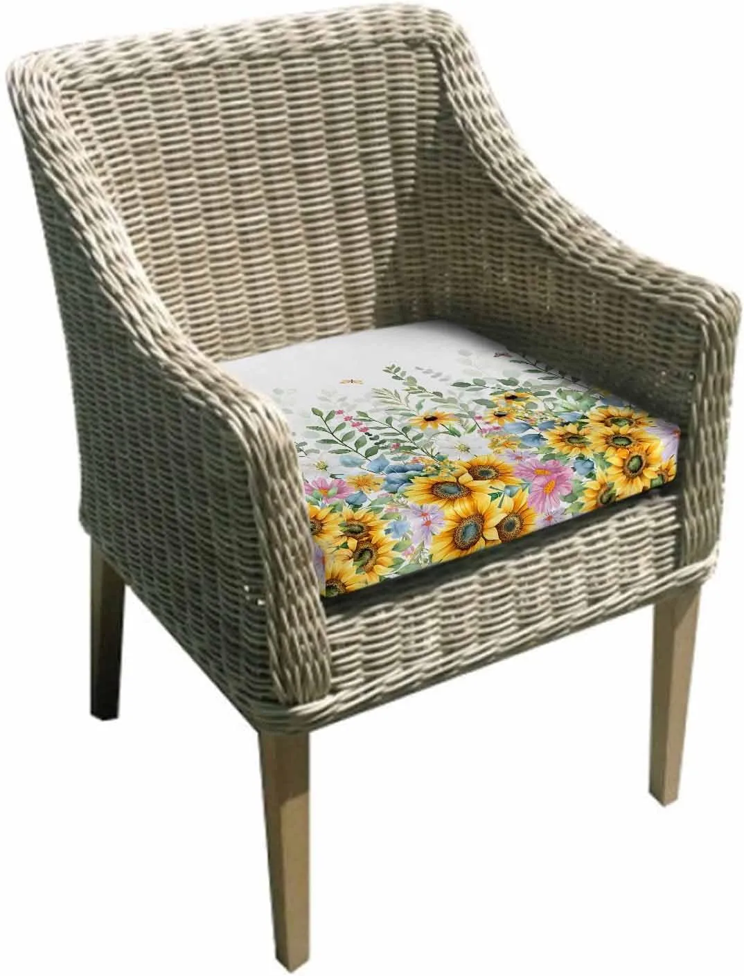 Sunflower Outdoor Cushion Chair Cover Set of 2 - Waterproof Couch Seat Covers, Yellow Green Summer Botanical Watercolor Patio Furniture Protector Cushions Slipcovers for Sofa/RV, 22"x22"x4"