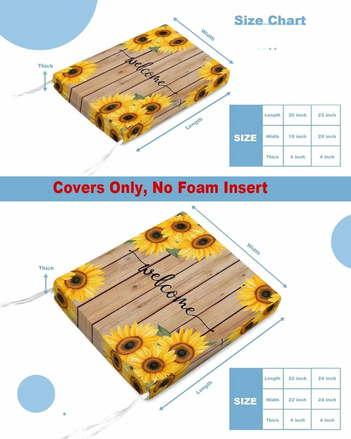 Sunflower Outdoor Cushion Chair Cover Set of 2 - Waterproof Couch Seat Covers, Yellow Summer Botanical Wooden Farmhouse Patio Furniture Protector Cushions Slipcovers for Sofa/RV, 24"x24"x4"
