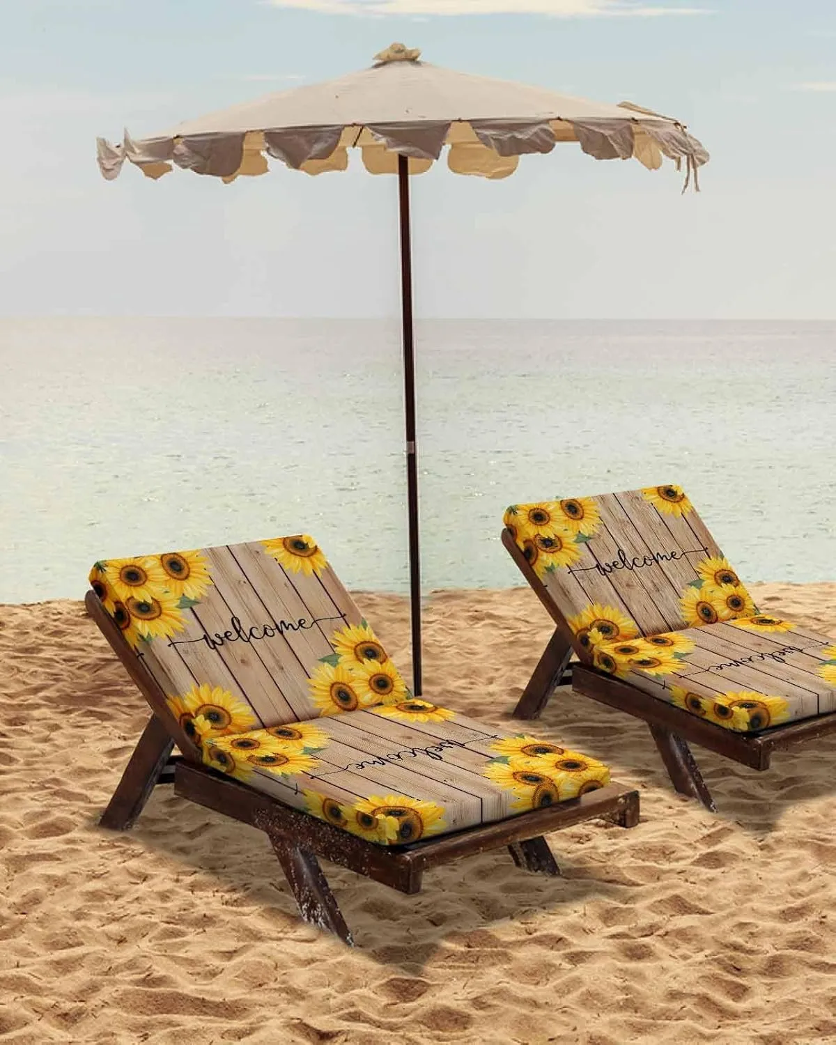 Sunflower Outdoor Cushion Chair Cover Set of 2 - Waterproof Couch Seat Covers, Yellow Summer Botanical Wooden Farmhouse Patio Furniture Protector Cushions Slipcovers for Sofa/RV, 24"x24"x4"