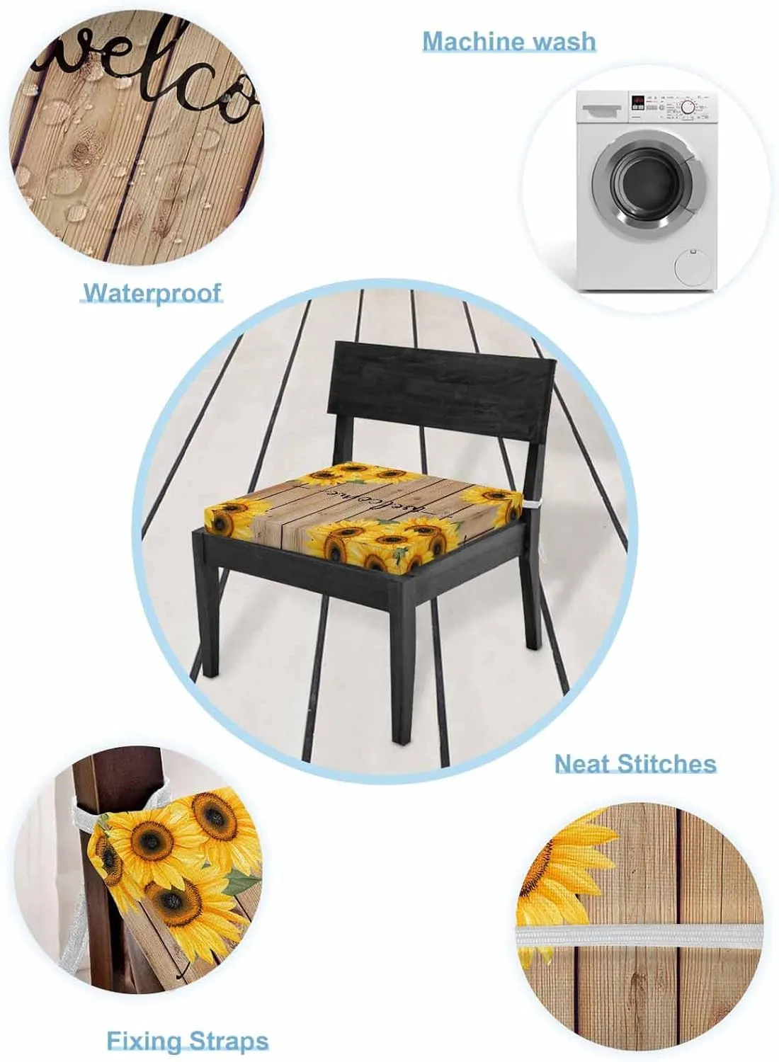 Sunflower Outdoor Cushion Chair Cover Set of 2 - Waterproof Couch Seat Covers, Yellow Summer Botanical Wooden Farmhouse Patio Furniture Protector Cushions Slipcovers for Sofa/RV, 24"x24"x4"