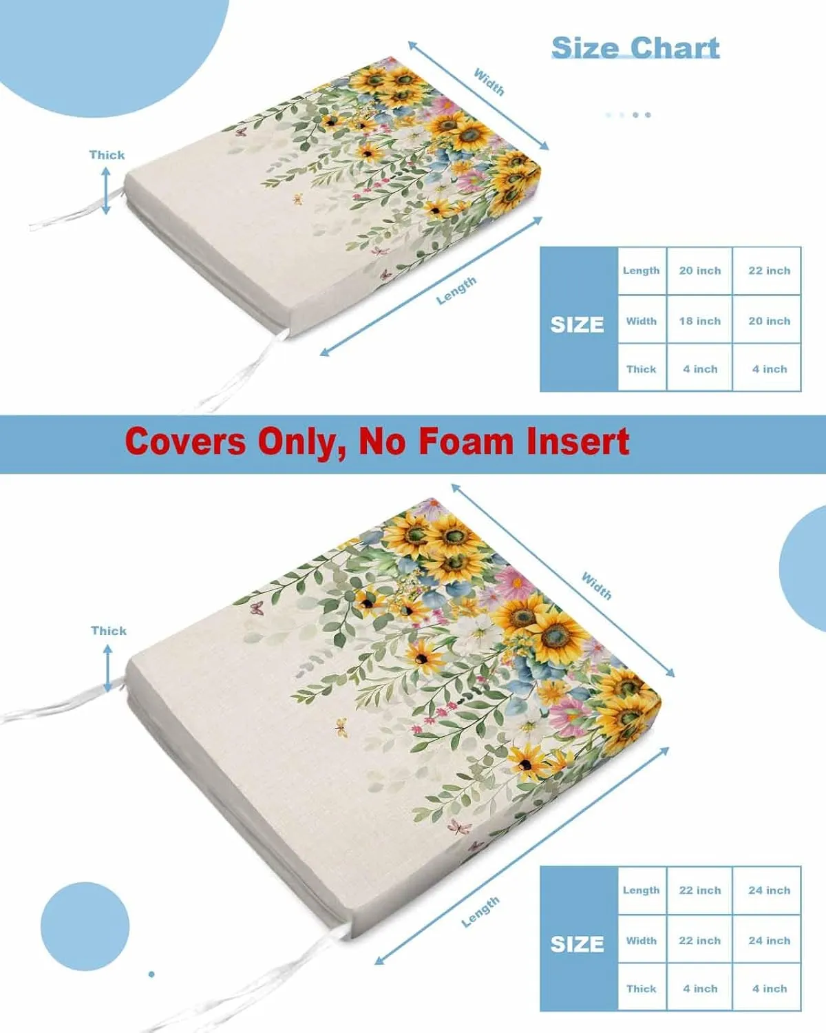 Sunflower Outdoor Cushion Chair Cover Set of 4 - Waterproof Couch Seat Covers, Rustic Summer Botanical Eucalyptus Leaf Patio Furniture Protector Cushions Slipcovers for Sofa/RV, 22"x22"x4"