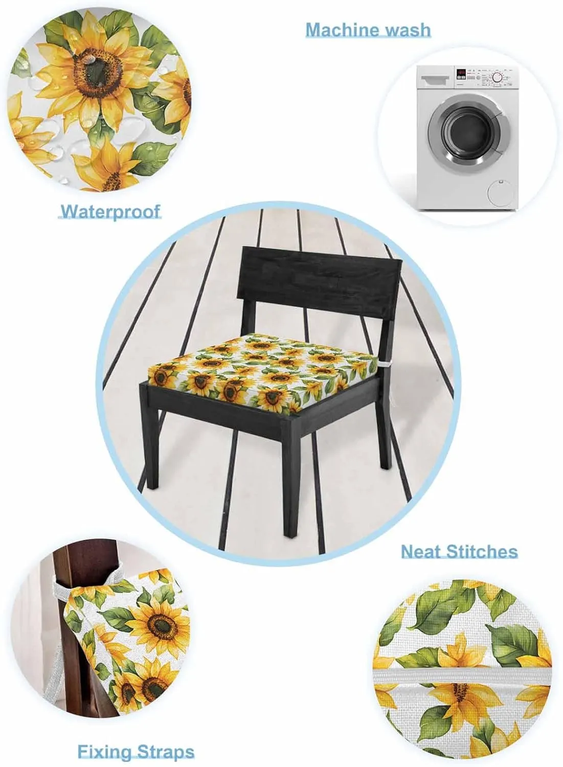 Sunflower Outdoor Cushion Chair Cover Set of 4 - Waterproof Couch Seat Covers, Watercolor Summer Botanical Yellow Patio Furniture Protector Cushions Slipcovers for Sofa/RV, 22"x20"x4"