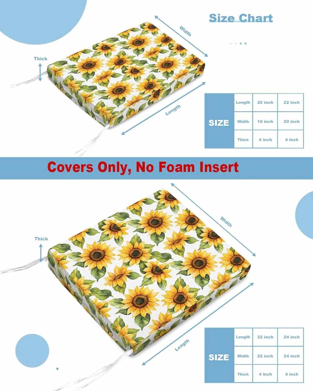 Sunflower Outdoor Cushion Chair Cover Set of 4 - Waterproof Couch Seat Covers, Watercolor Summer Botanical Yellow Patio Furniture Protector Cushions Slipcovers for Sofa/RV, 22"x20"x4"