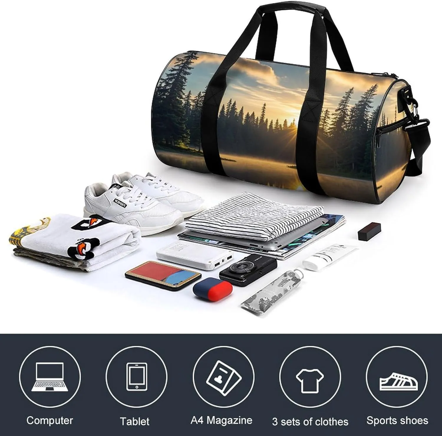 Sunrise on The Lake Gym Bag Small Travel Duffle Bag with Compartment Carry On Weekender Bag for Women Men