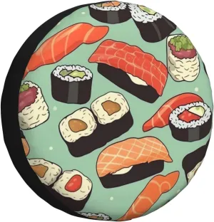 Sushi Food Pattern Tire Cover Outdoor Waterproof Snow Sun Rain Wheel Cover Portable Wheel Bags Camper Spare Tire Cover Universal Car Tire Protectors for Trailer RV SUV