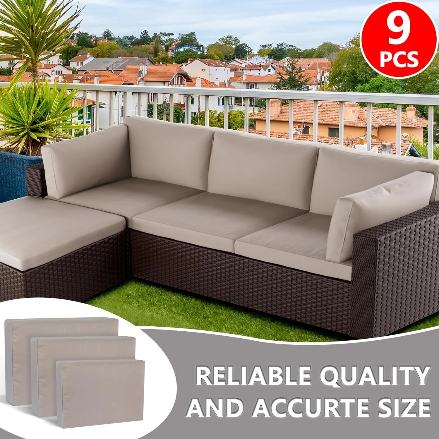 SUSIE'S GARDEN 9p Patio Cushion Covers Outdoor Cushions Replacement Waterproof with Zipper for 5 Pcs Patio Furniture Set, Slipcovers for Outdoor Cushions Taupe, Covers Only