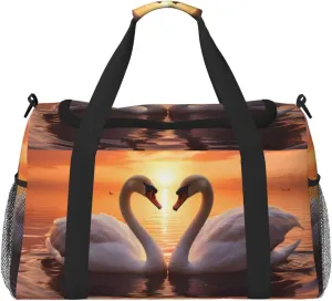 Swans Swimming On Lake Duffle Bag for Travel Sunset Sports Gym Tote Carry On Bag Large Shoulder Weekend Overnight for Workout
