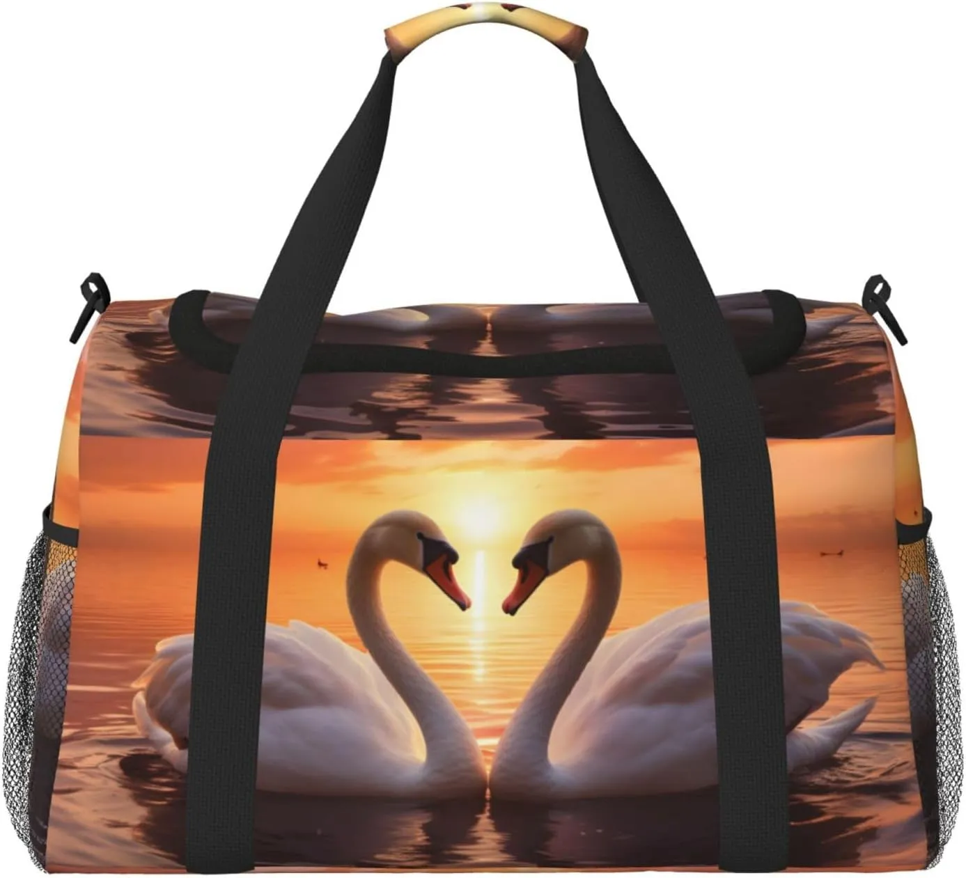 Swans Swimming On Lake Duffle Bag for Travel Sunset Sports Gym Tote Carry On Bag Large Shoulder Weekend Overnight for Workout