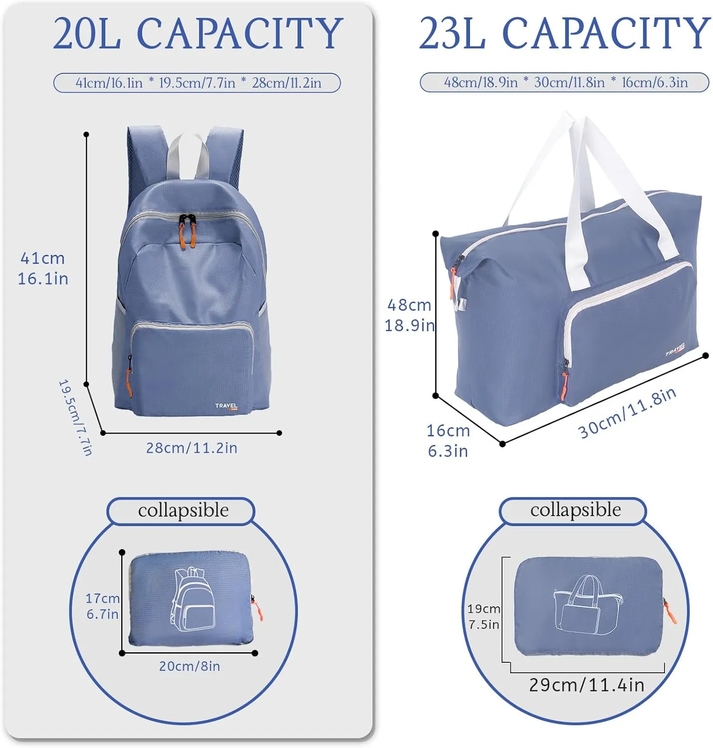 SWLIFL 2 Pack Foldable Hiking Backpack Small Lightweight Packable Backpack & duffle bag for travel Weekender Overnight Bag Outdoor Carry on Tote Bags for Women Men(Blue)