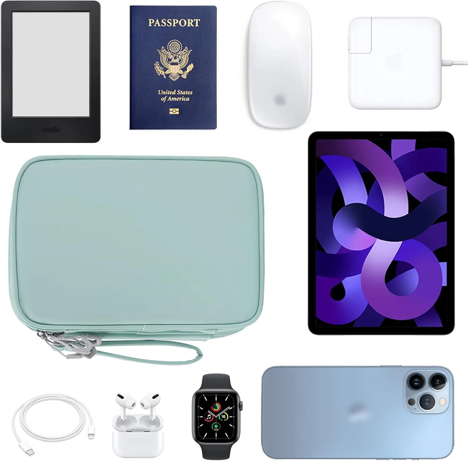 Tablet Accessories Case Bag, Travel Large Electronics Organizer for Chargers & Cords, Cables, 7.9 Inch Tablet, Airplane Essentials, 2 Layers (Mint Green)