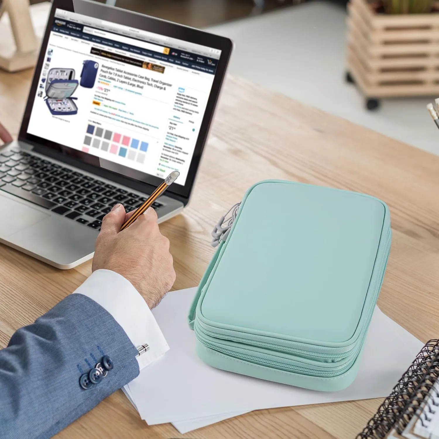 Tablet Accessories Case Bag, Travel Large Electronics Organizer for Chargers & Cords, Cables, 7.9 Inch Tablet, Airplane Essentials, 2 Layers (Mint Green)