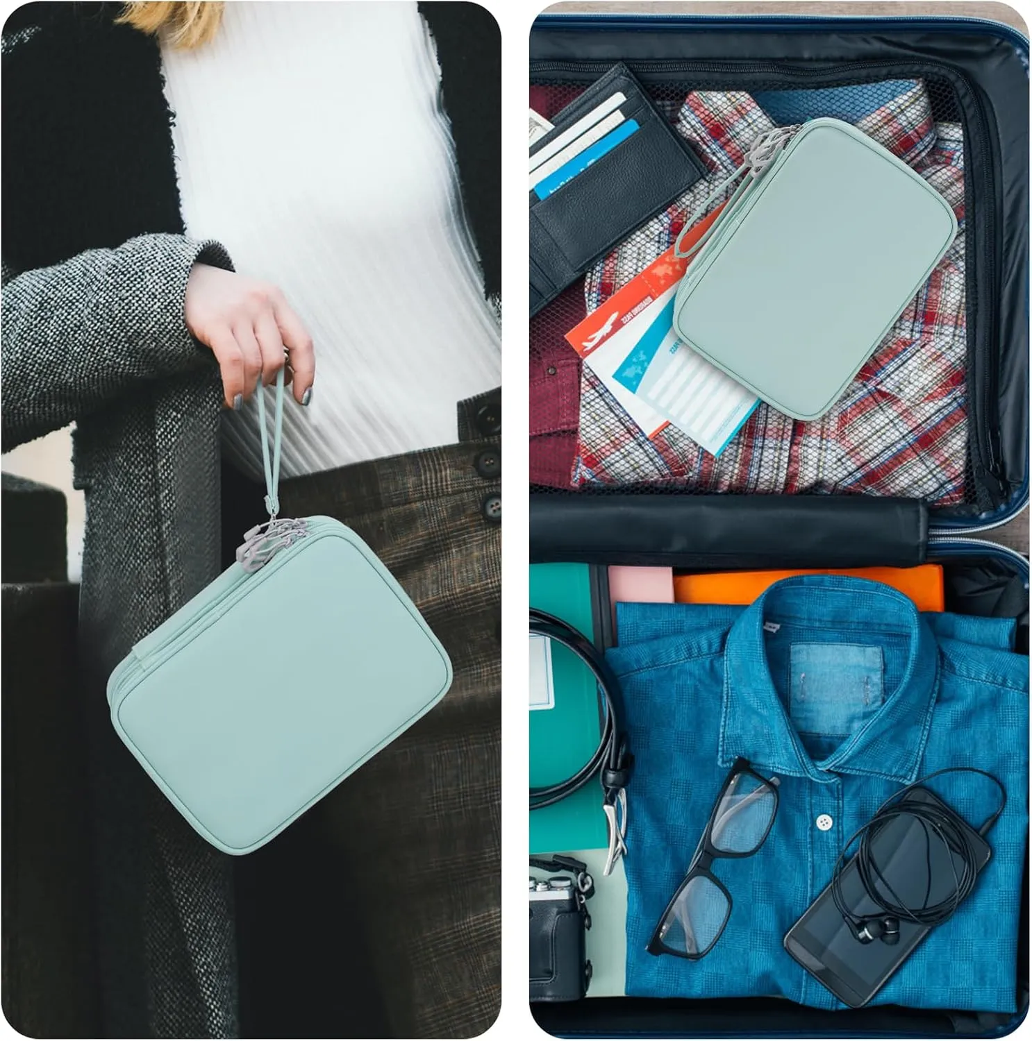 Tablet Accessories Case Bag, Travel Large Electronics Organizer for Chargers & Cords, Cables, 7.9 Inch Tablet, Airplane Essentials, 2 Layers (Mint Green)