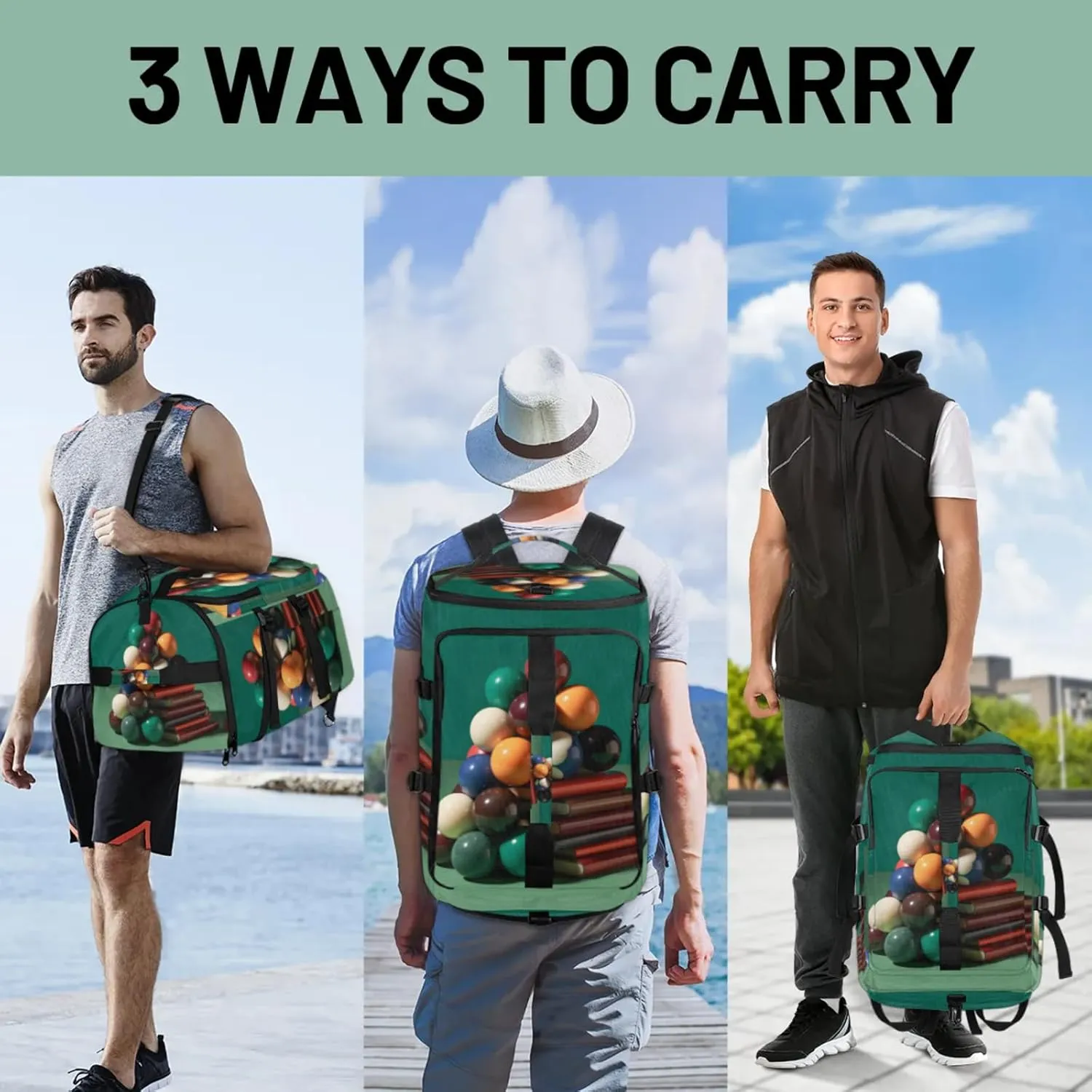 Tactical Sports Duffle Bag for Travel Waterproof Gym Bag with Shoe Compartment 48L Carry On Luggage for Men & Women 3-in-1 Durable Travel Luggage Billiards Sport Print