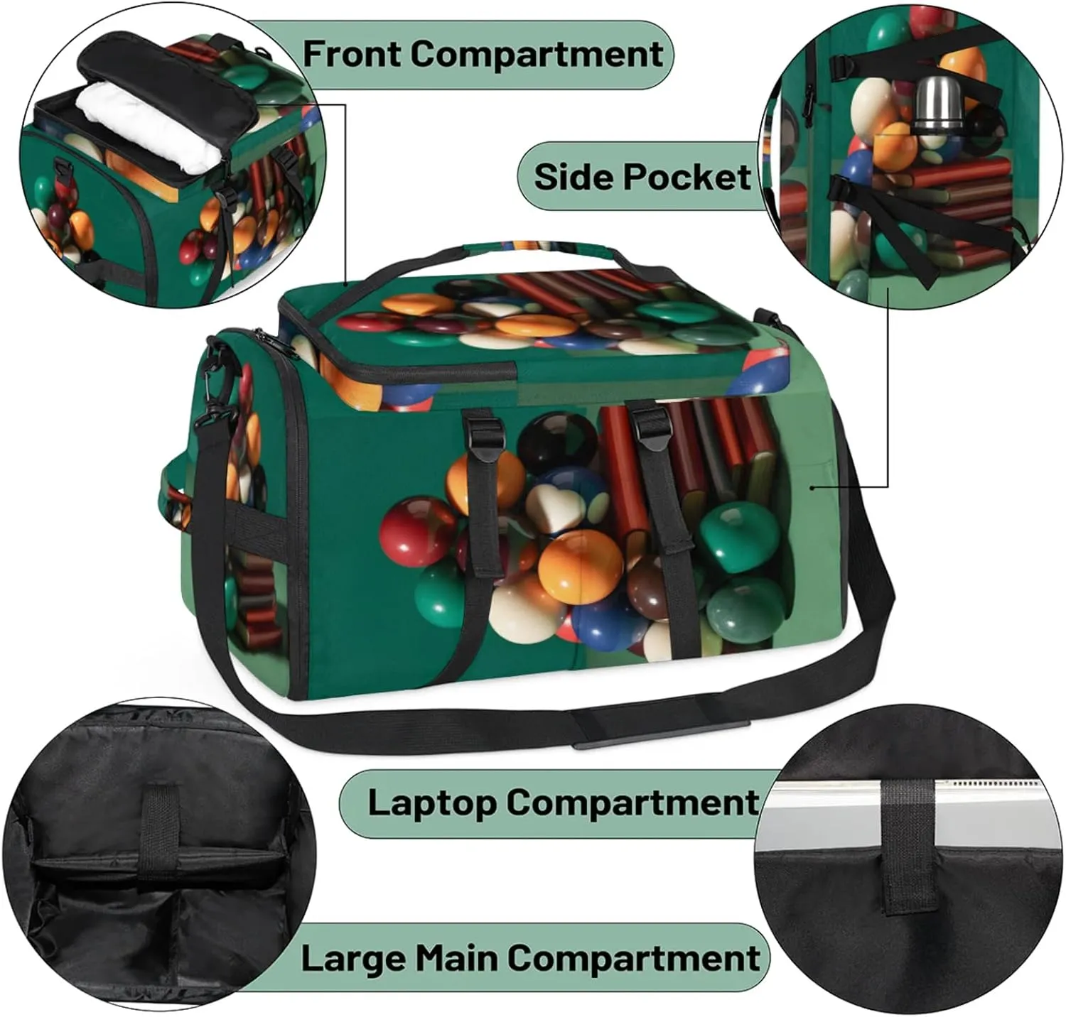 Tactical Sports Duffle Bag for Travel Waterproof Gym Bag with Shoe Compartment 48L Carry On Luggage for Men & Women 3-in-1 Durable Travel Luggage Billiards Sport Print