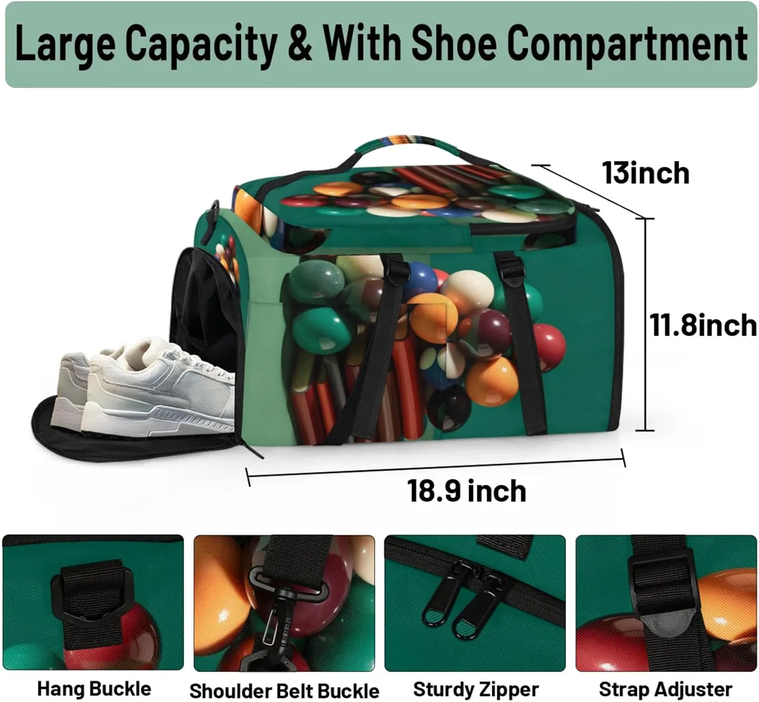 Tactical Sports Duffle Bag for Travel Waterproof Gym Bag with Shoe Compartment 48L Carry On Luggage for Men & Women 3-in-1 Durable Travel Luggage Billiards Sport Print