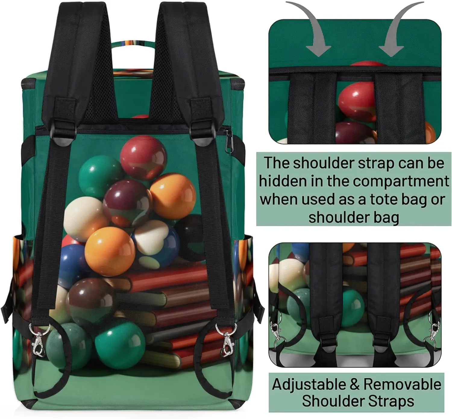 Tactical Sports Duffle Bag for Travel Waterproof Gym Bag with Shoe Compartment 48L Carry On Luggage for Men & Women 3-in-1 Durable Travel Luggage Billiards Sport Print