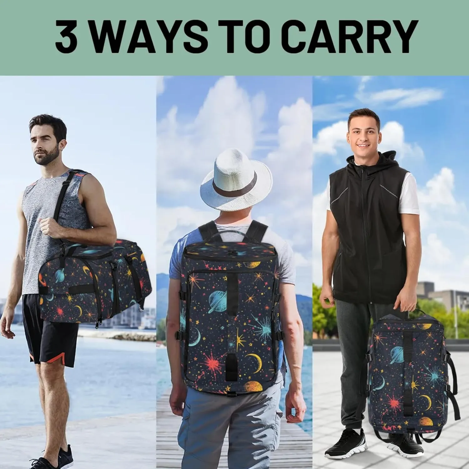 Tactical Sports Duffle Bag for Travel Waterproof Gym Bag with Shoe Compartment 48L Carry On Luggage for Men & Women 3-in-1 Durable Travel Luggage Cartoon Space Galaxy