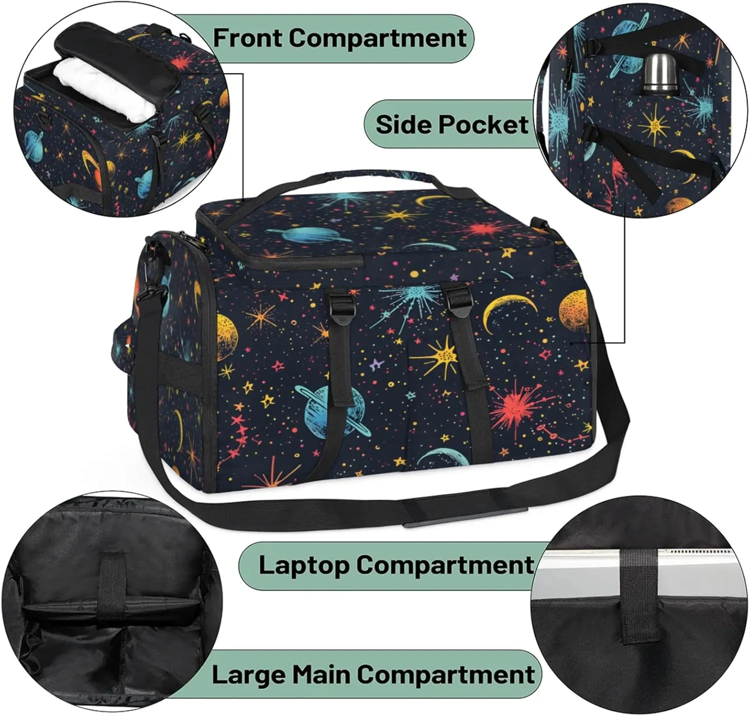 Tactical Sports Duffle Bag for Travel Waterproof Gym Bag with Shoe Compartment 48L Carry On Luggage for Men & Women 3-in-1 Durable Travel Luggage Cartoon Space Galaxy