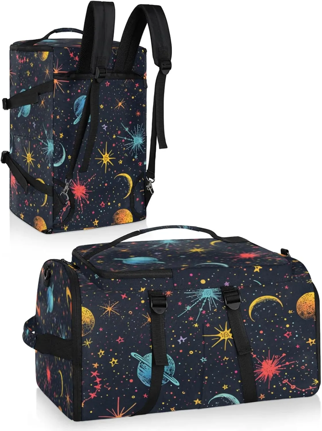 Tactical Sports Duffle Bag for Travel Waterproof Gym Bag with Shoe Compartment 48L Carry On Luggage for Men & Women 3-in-1 Durable Travel Luggage Cartoon Space Galaxy