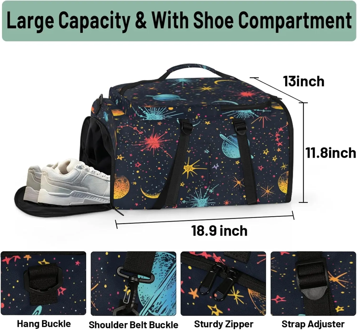 Tactical Sports Duffle Bag for Travel Waterproof Gym Bag with Shoe Compartment 48L Carry On Luggage for Men & Women 3-in-1 Durable Travel Luggage Cartoon Space Galaxy