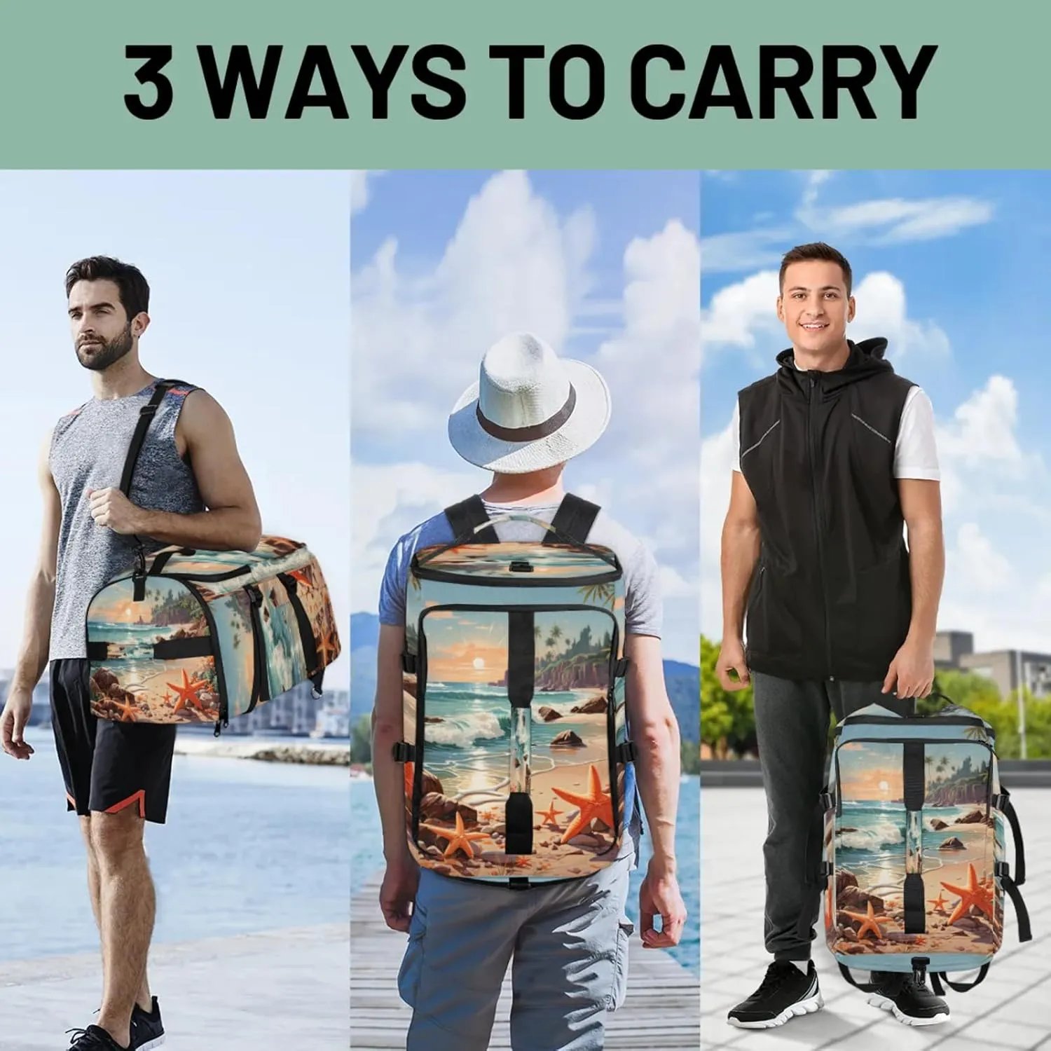 Tactical Sports Duffle Bag for Travel Waterproof Gym Bag with Shoe Compartment 48L Carry On Luggage for Men & Women 3-in-1 Durable Travel Luggage Cartoon Starfish Beach