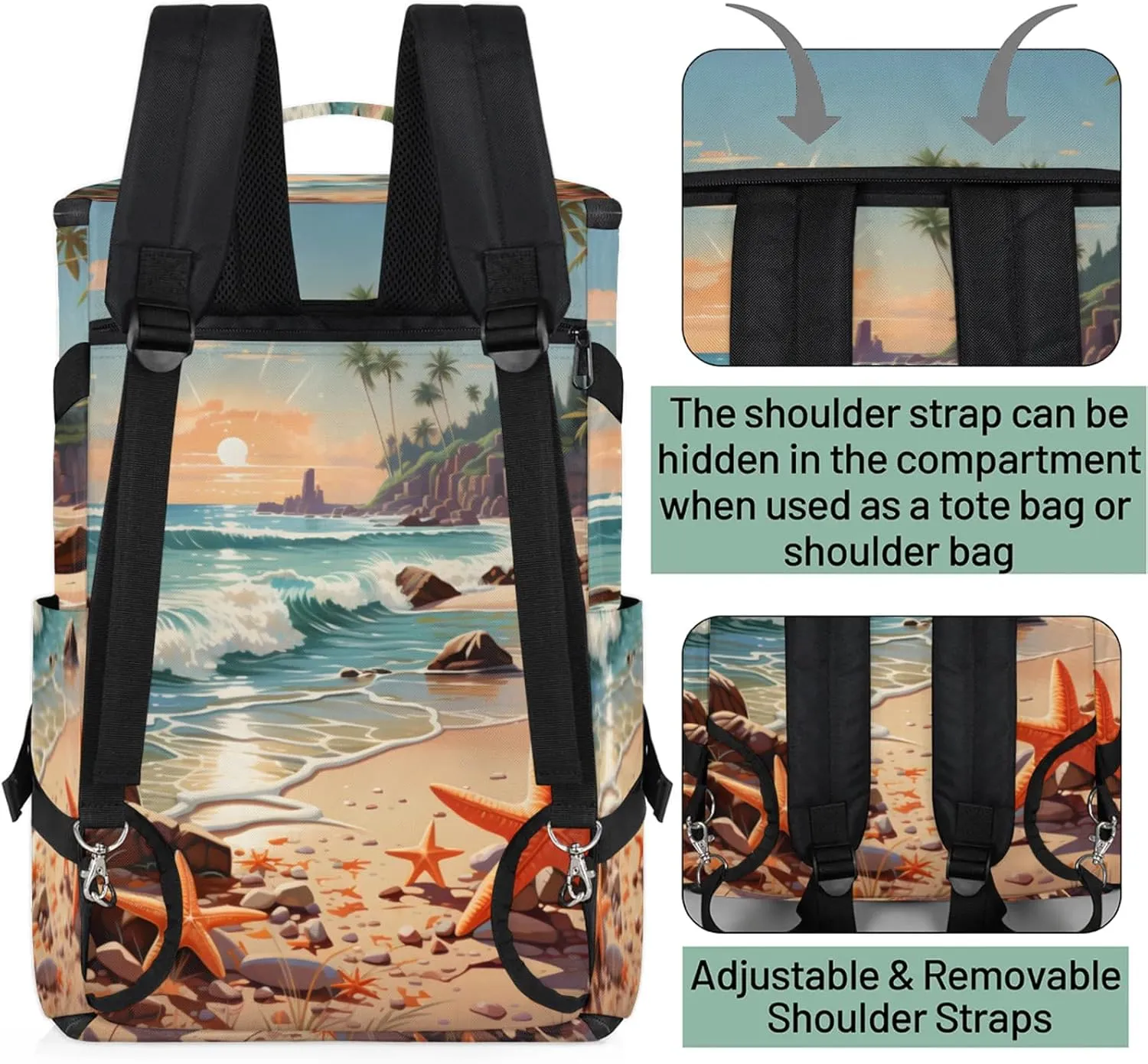 Tactical Sports Duffle Bag for Travel Waterproof Gym Bag with Shoe Compartment 48L Carry On Luggage for Men & Women 3-in-1 Durable Travel Luggage Cartoon Starfish Beach