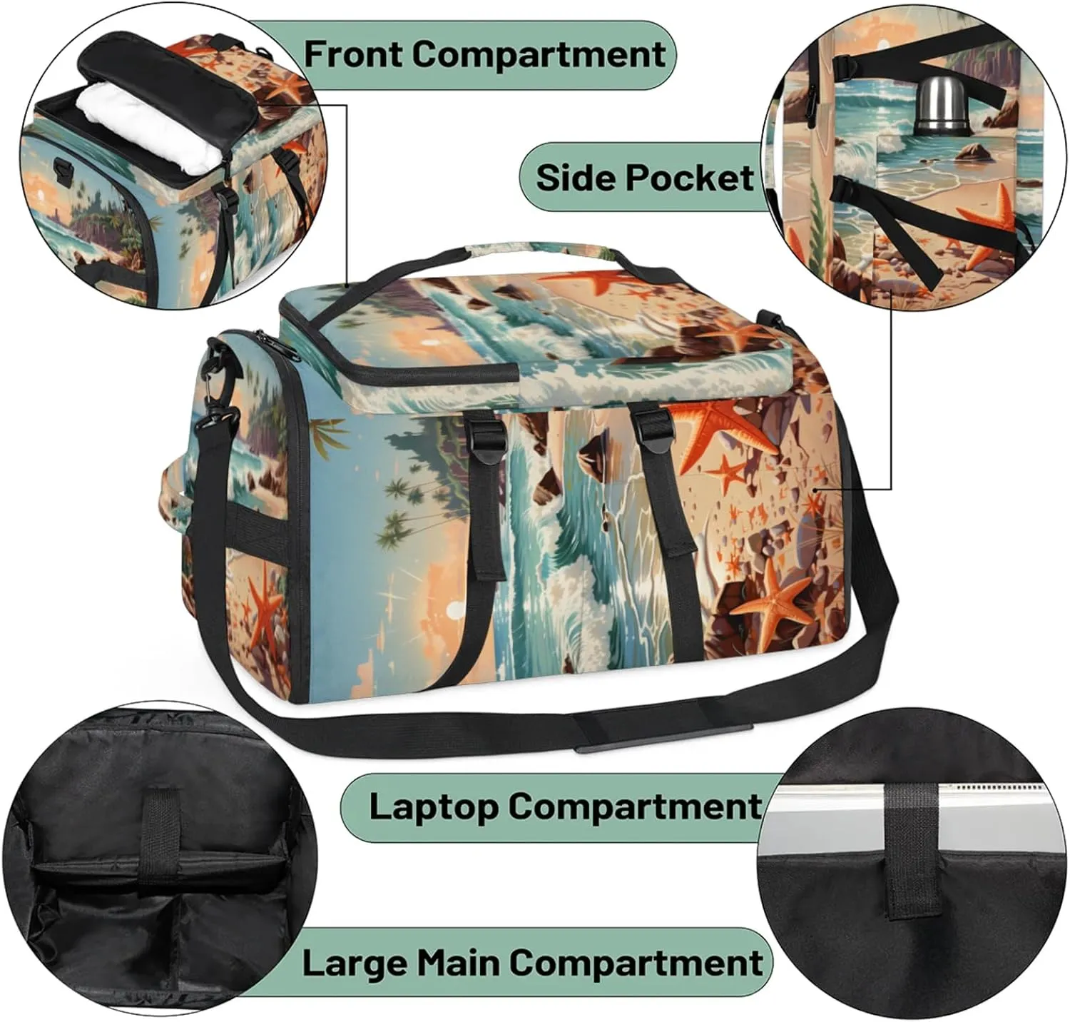 Tactical Sports Duffle Bag for Travel Waterproof Gym Bag with Shoe Compartment 48L Carry On Luggage for Men & Women 3-in-1 Durable Travel Luggage Cartoon Starfish Beach