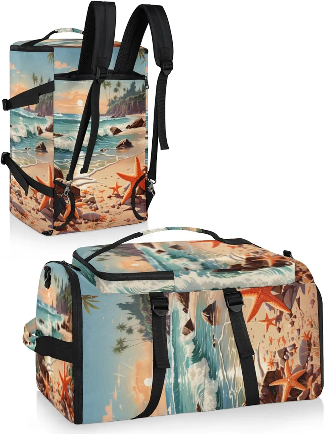 Tactical Sports Duffle Bag for Travel Waterproof Gym Bag with Shoe Compartment 48L Carry On Luggage for Men & Women 3-in-1 Durable Travel Luggage Cartoon Starfish Beach