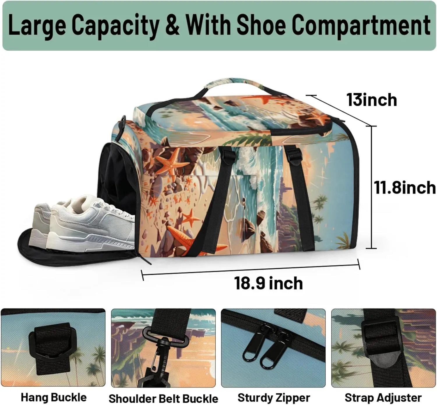 Tactical Sports Duffle Bag for Travel Waterproof Gym Bag with Shoe Compartment 48L Carry On Luggage for Men & Women 3-in-1 Durable Travel Luggage Cartoon Starfish Beach