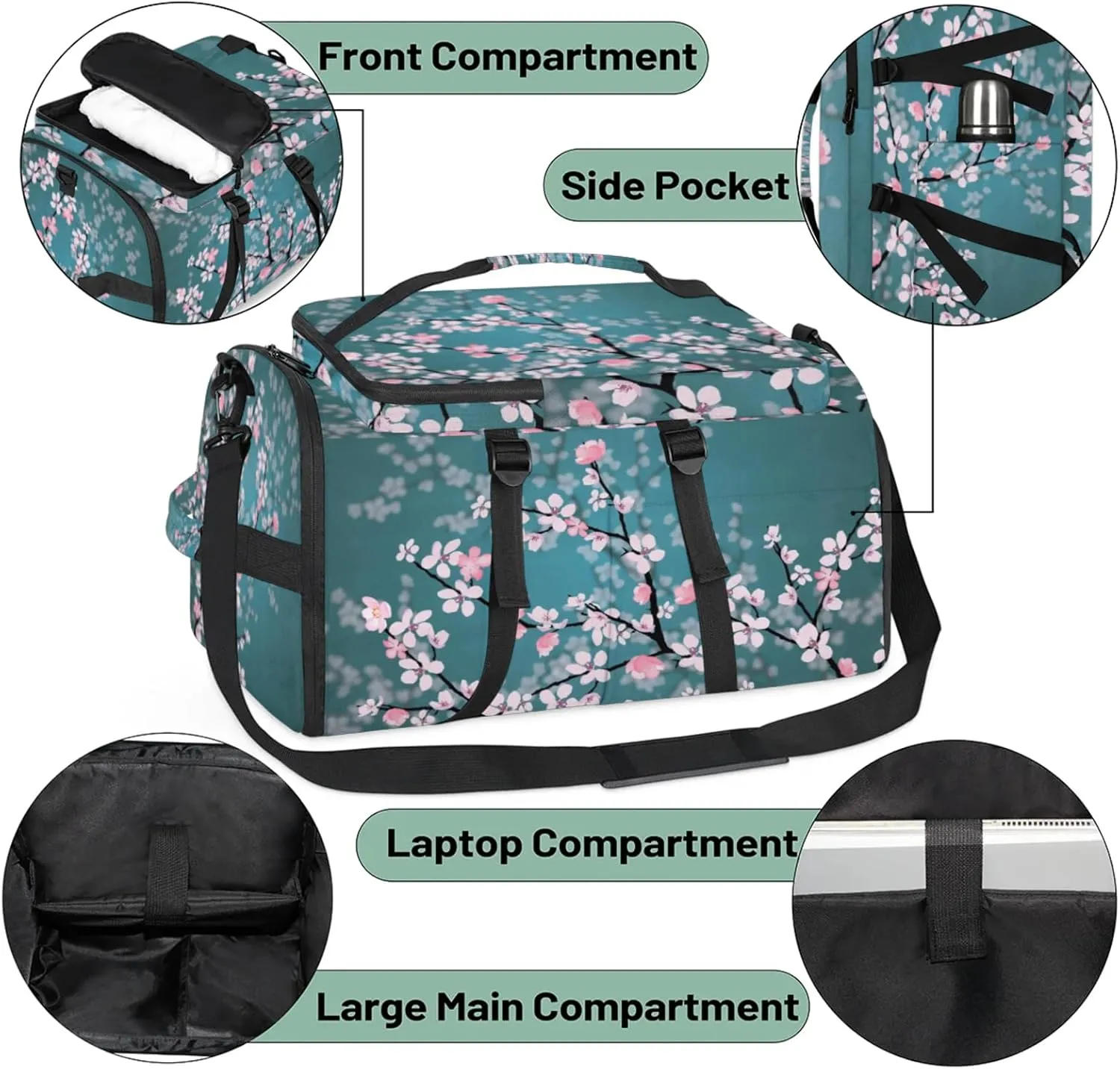 Tactical Sports Duffle Bag for Travel Waterproof Gym Bag with Shoe Compartment 48L Carry On Luggage for Men & Women 3-in-1 Durable Travel Luggage Cherry Blossoms Flowers