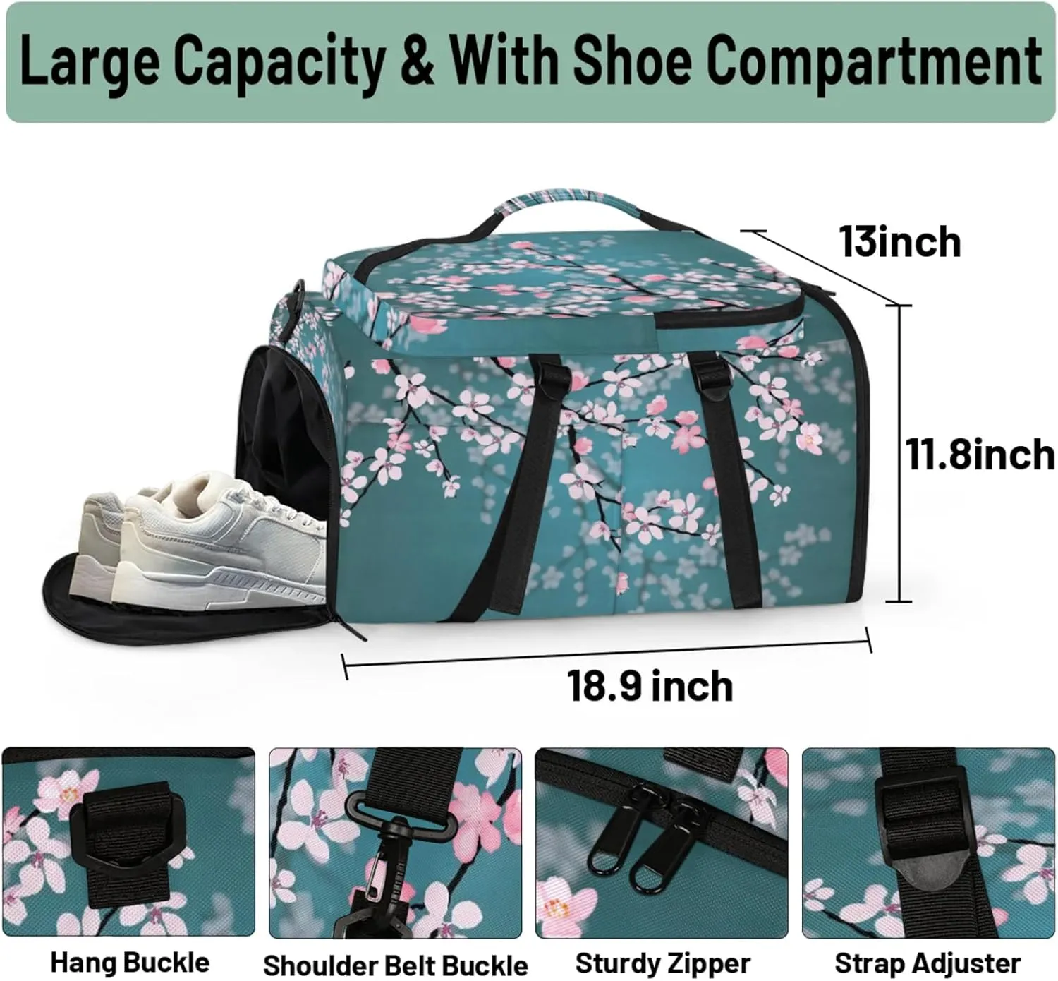 Tactical Sports Duffle Bag for Travel Waterproof Gym Bag with Shoe Compartment 48L Carry On Luggage for Men & Women 3-in-1 Durable Travel Luggage Cherry Blossoms Flowers