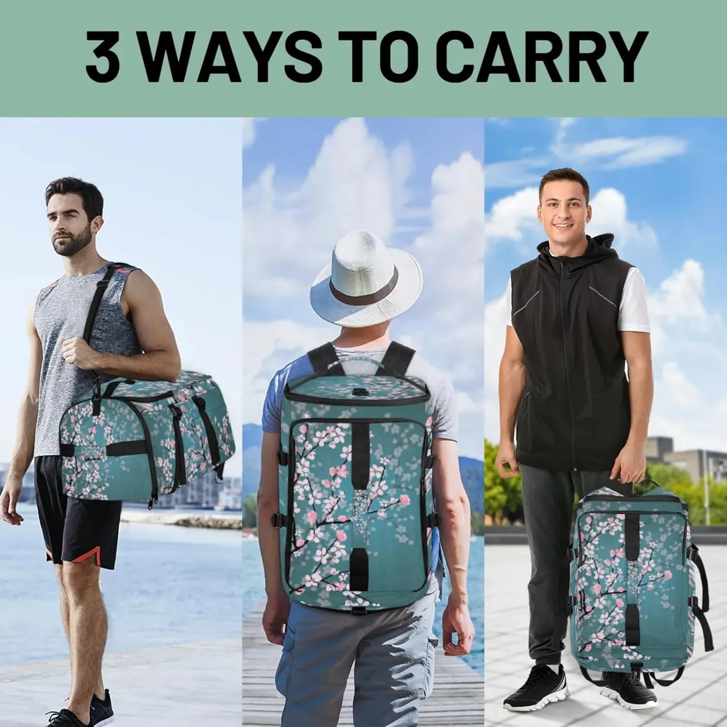 Tactical Sports Duffle Bag for Travel Waterproof Gym Bag with Shoe Compartment 48L Carry On Luggage for Men & Women 3-in-1 Durable Travel Luggage Cherry Blossoms Flowers