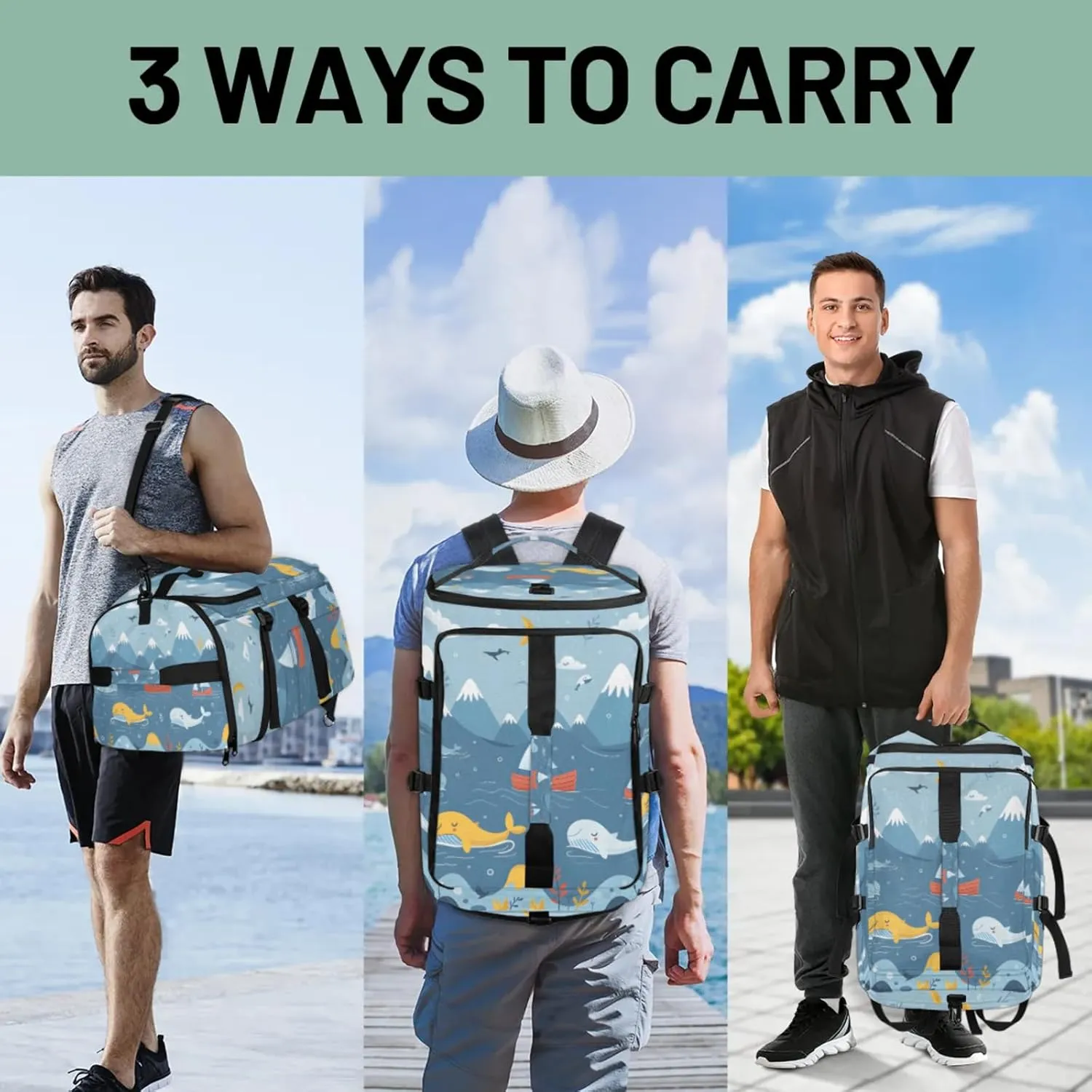 Tactical Sports Duffle Bag for Travel Waterproof Gym Bag with Shoe Compartment 48L Carry On Luggage for Men & Women 3-in-1 Durable Travel Luggage Cute Sailing Whale