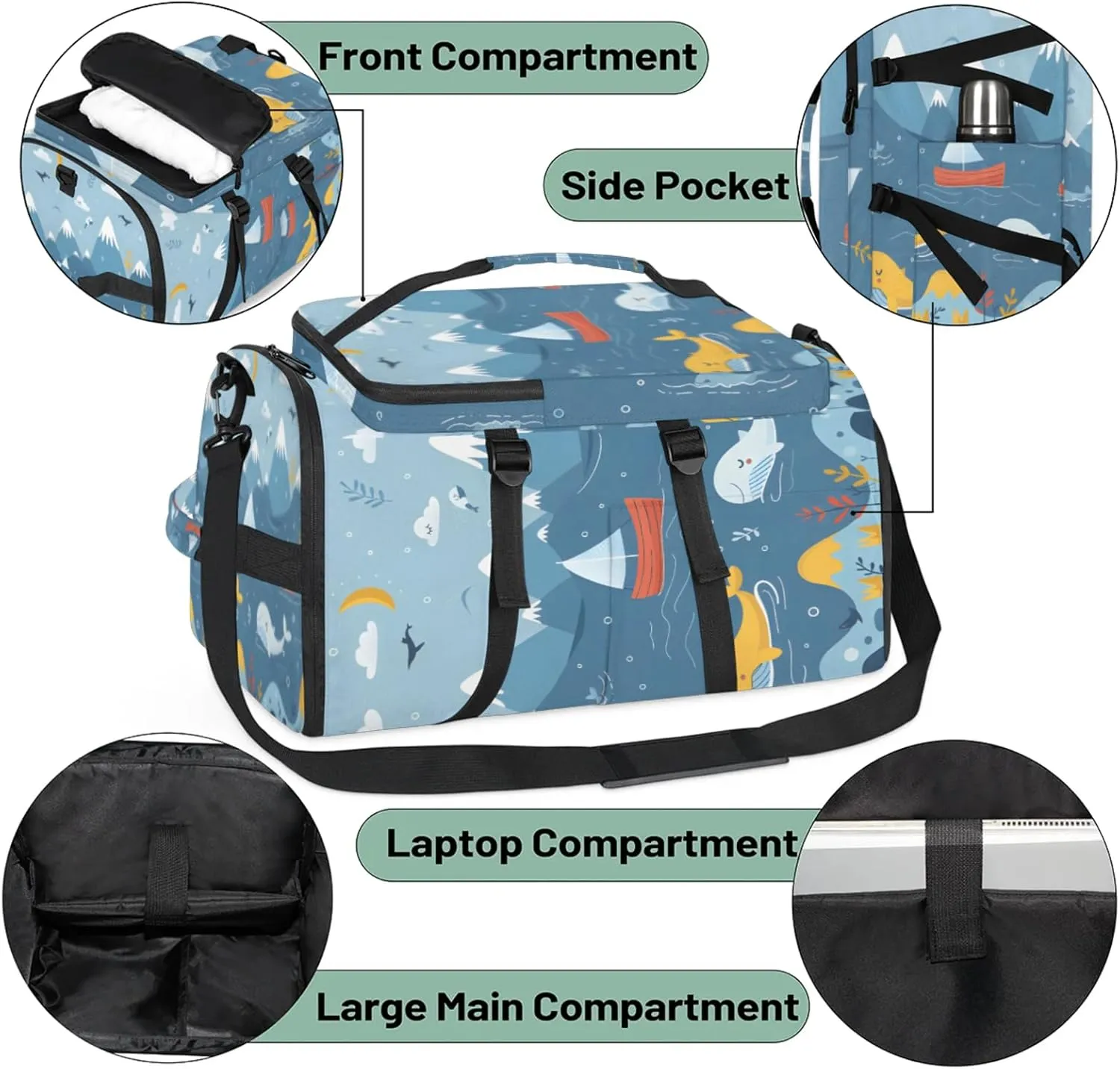 Tactical Sports Duffle Bag for Travel Waterproof Gym Bag with Shoe Compartment 48L Carry On Luggage for Men & Women 3-in-1 Durable Travel Luggage Cute Sailing Whale