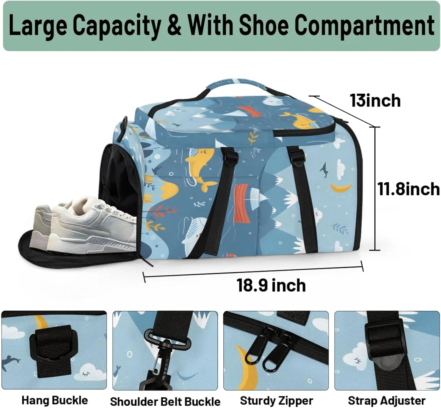 Tactical Sports Duffle Bag for Travel Waterproof Gym Bag with Shoe Compartment 48L Carry On Luggage for Men & Women 3-in-1 Durable Travel Luggage Cute Sailing Whale