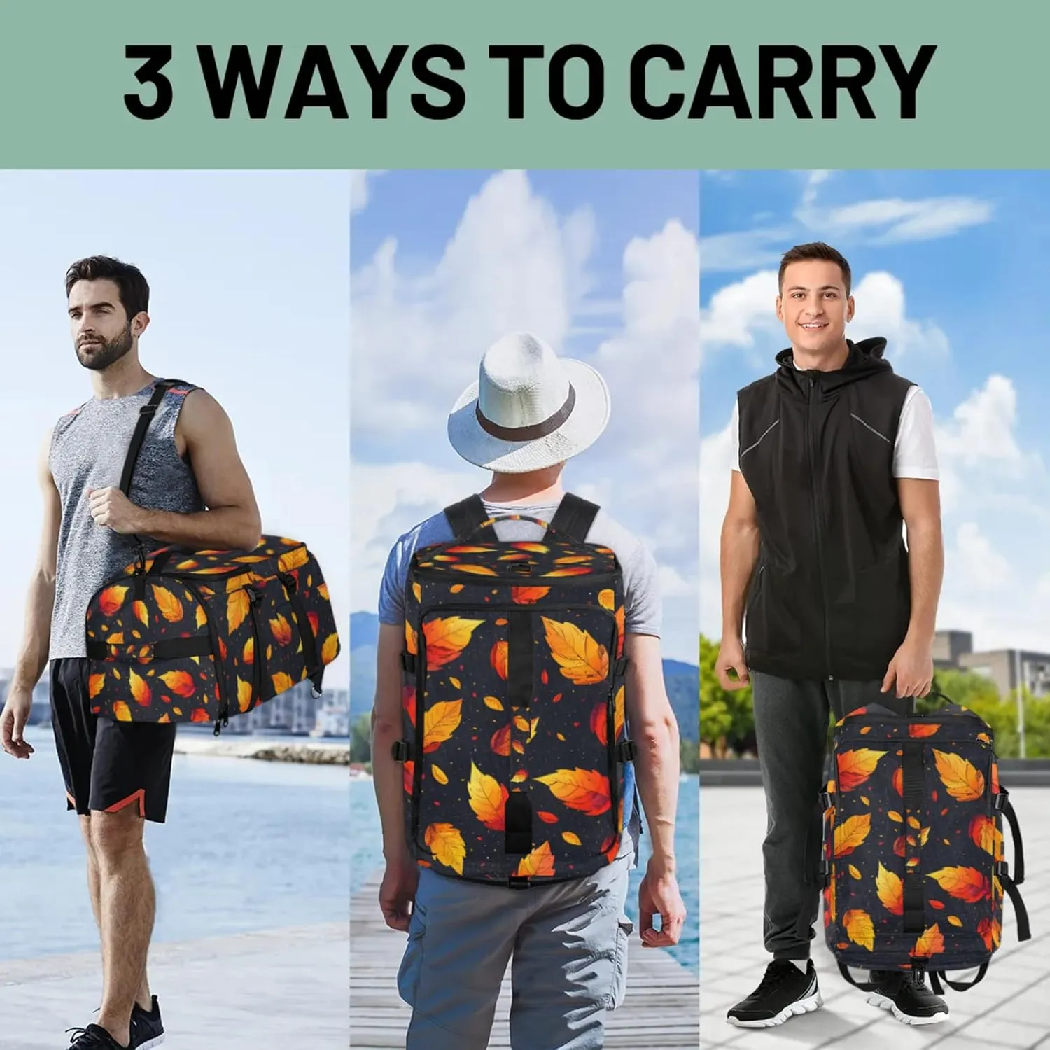 Tactical Sports Duffle Bag for Travel Waterproof Gym Bag with Shoe Compartment 48L Carry On Luggage for Men & Women 3-in-1 Durable Travel Luggage Falling Leaves