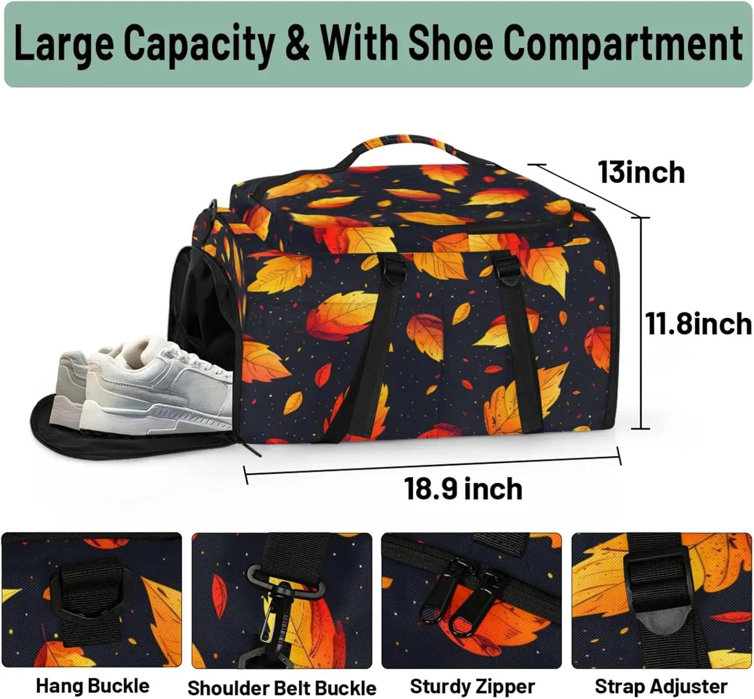 Tactical Sports Duffle Bag for Travel Waterproof Gym Bag with Shoe Compartment 48L Carry On Luggage for Men & Women 3-in-1 Durable Travel Luggage Falling Leaves