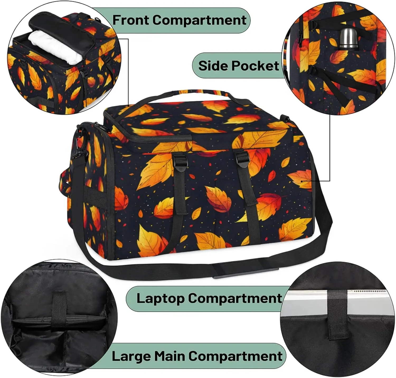 Tactical Sports Duffle Bag for Travel Waterproof Gym Bag with Shoe Compartment 48L Carry On Luggage for Men & Women 3-in-1 Durable Travel Luggage Falling Leaves