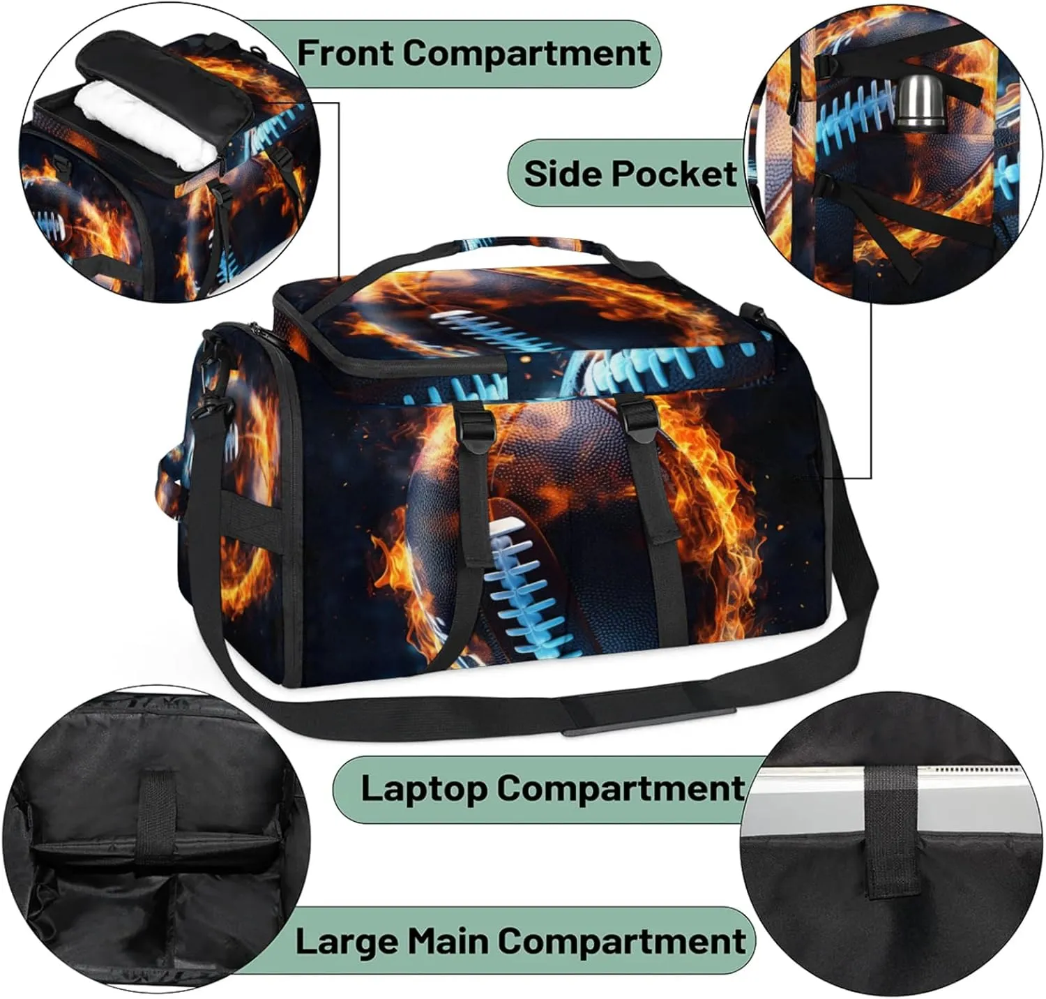 Tactical Sports Duffle Bag for Travel Waterproof Gym Bag with Shoe Compartment 48L Carry On Luggage for Men & Women 3-in-1 Durable Travel Luggage Football on Fire