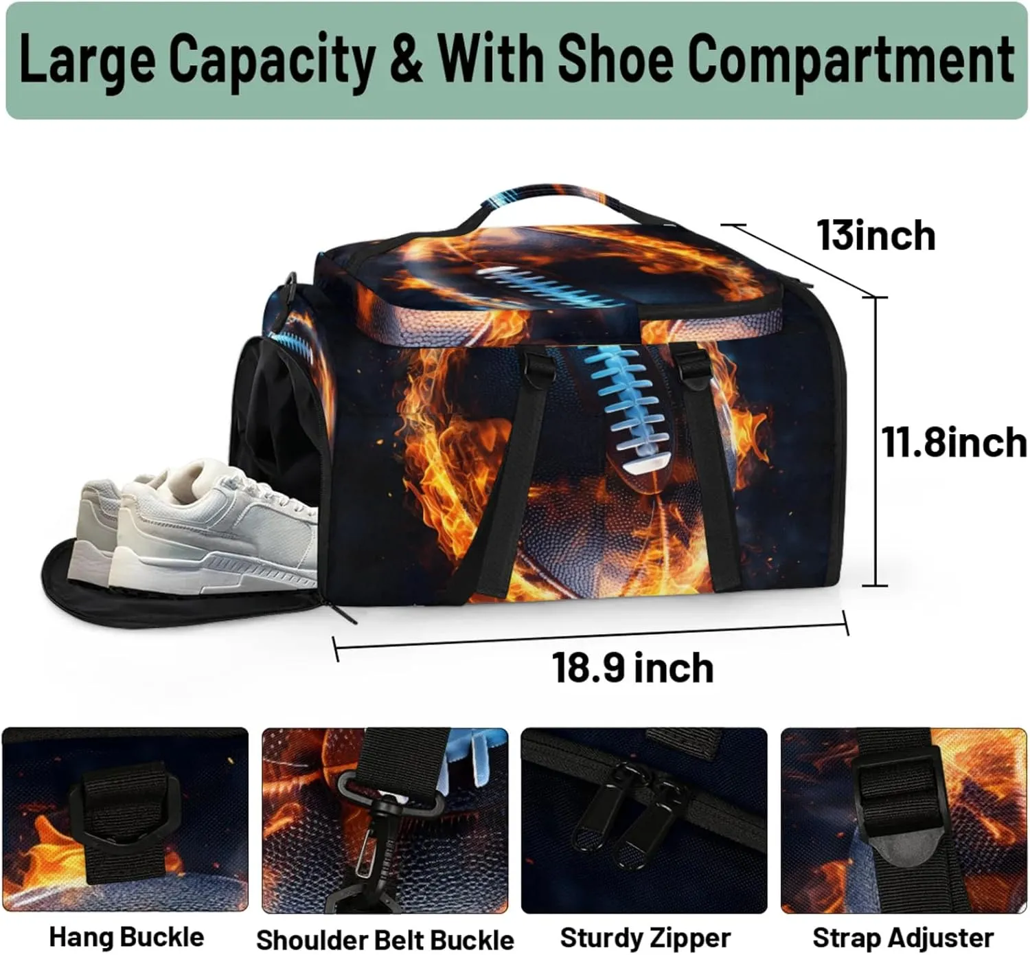 Tactical Sports Duffle Bag for Travel Waterproof Gym Bag with Shoe Compartment 48L Carry On Luggage for Men & Women 3-in-1 Durable Travel Luggage Football on Fire
