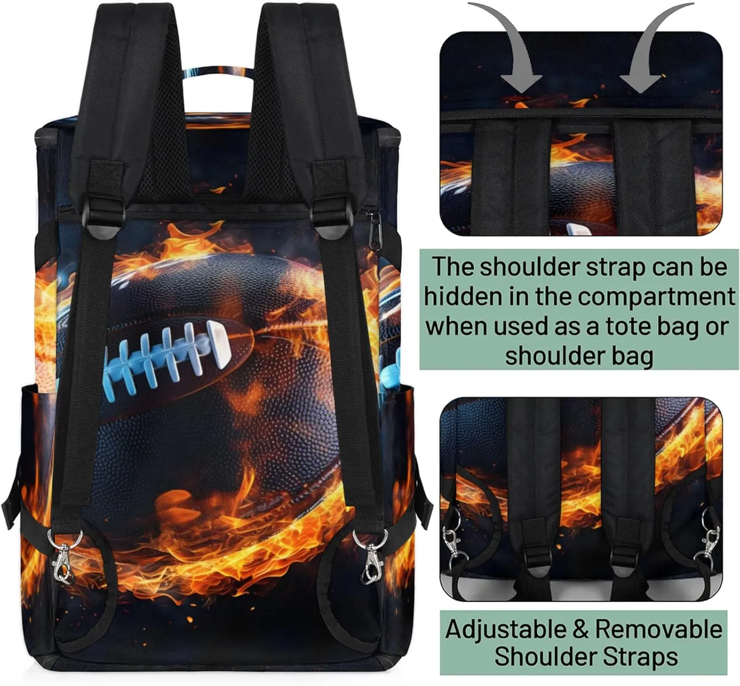Tactical Sports Duffle Bag for Travel Waterproof Gym Bag with Shoe Compartment 48L Carry On Luggage for Men & Women 3-in-1 Durable Travel Luggage Football on Fire