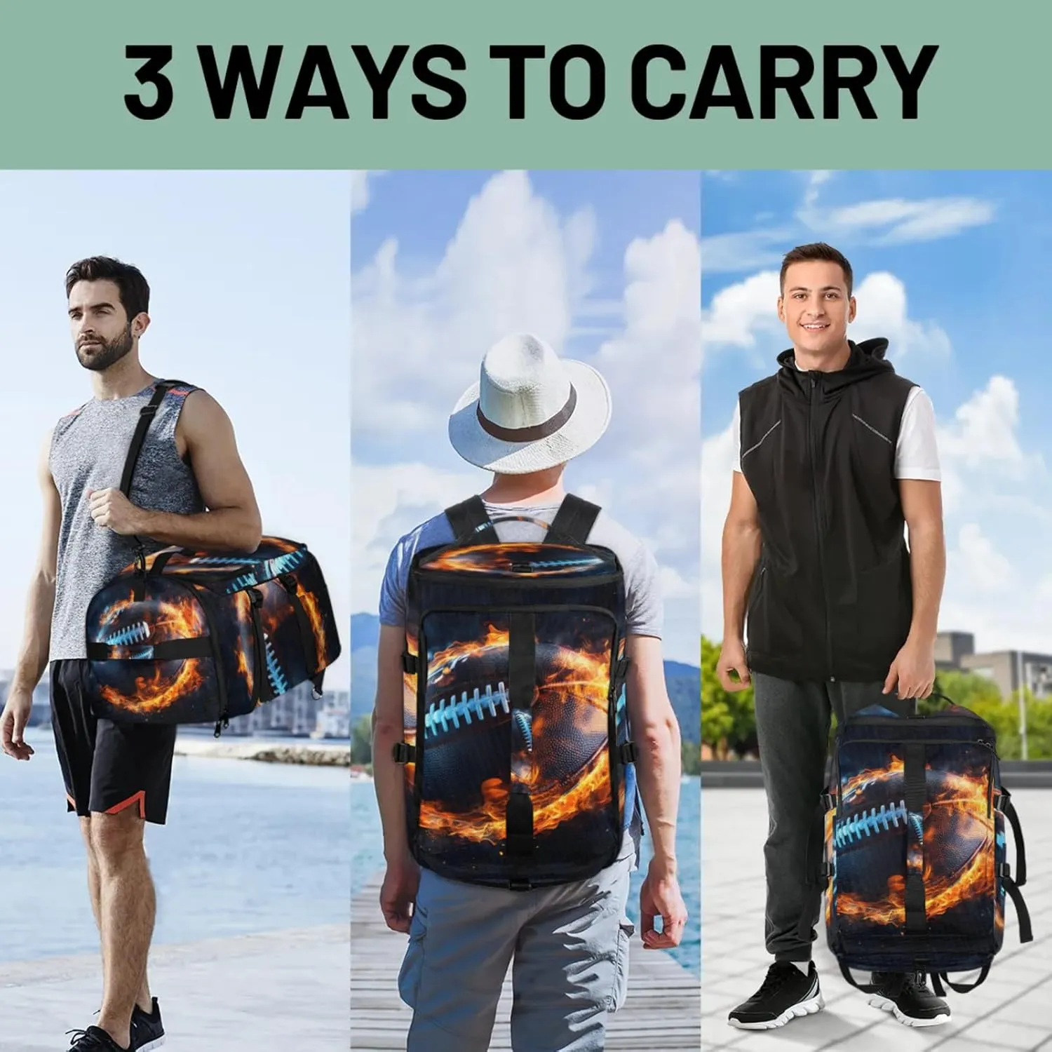 Tactical Sports Duffle Bag for Travel Waterproof Gym Bag with Shoe Compartment 48L Carry On Luggage for Men & Women 3-in-1 Durable Travel Luggage Football on Fire