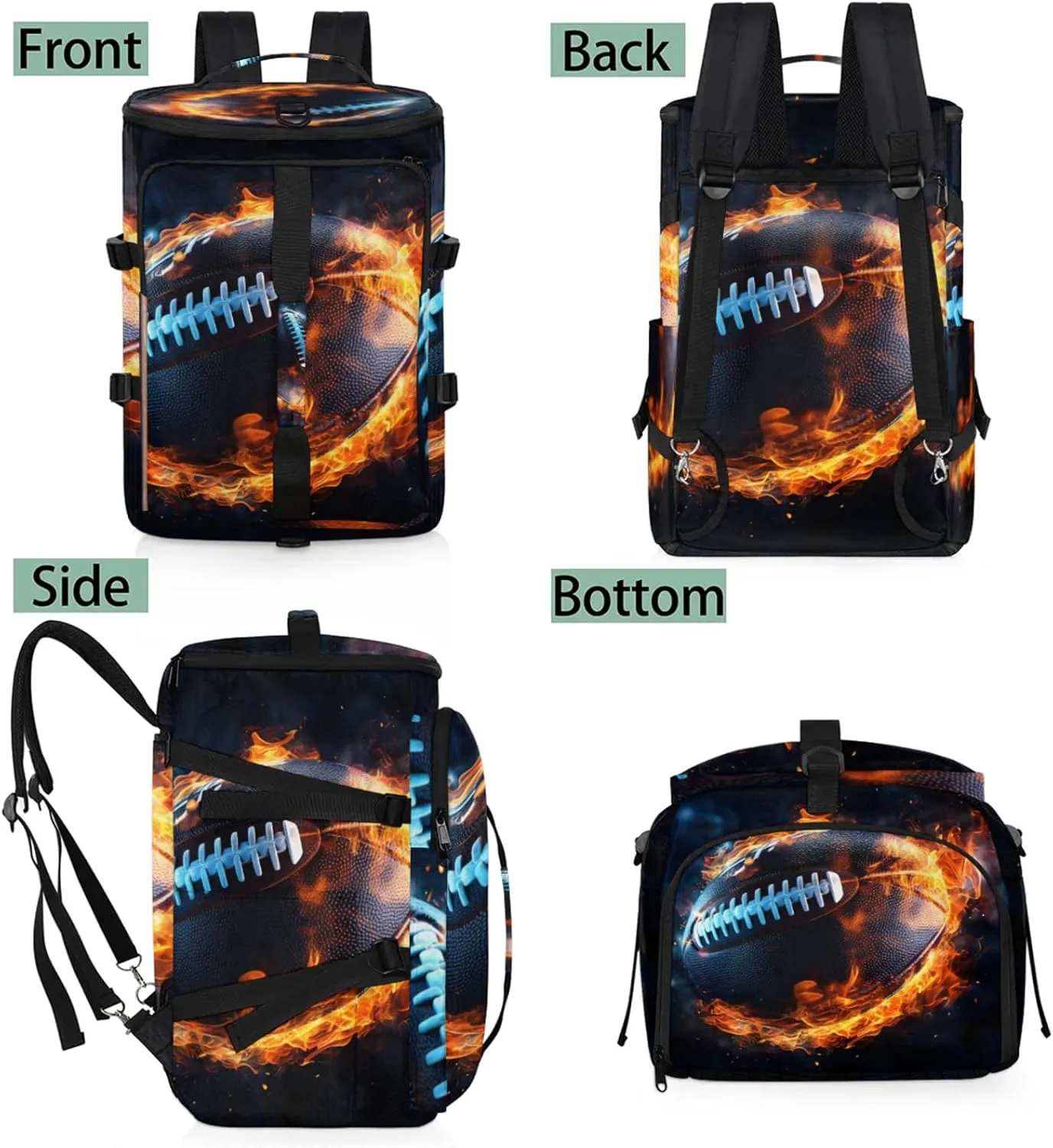 Tactical Sports Duffle Bag for Travel Waterproof Gym Bag with Shoe Compartment 48L Carry On Luggage for Men & Women 3-in-1 Durable Travel Luggage Football on Fire